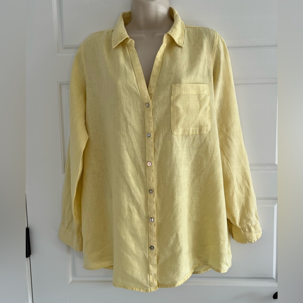 Sigrid Olsen 100% Linen Yellow Long Sleeve Roll Tab Button Up Shirt Top Size L